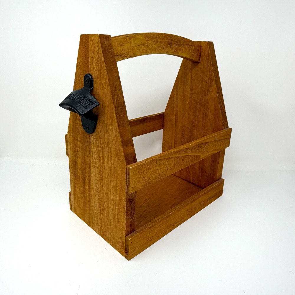 Wooden Bottle Caddy Carrier Built-In Opener Rustic Farmhouse Bar Decor